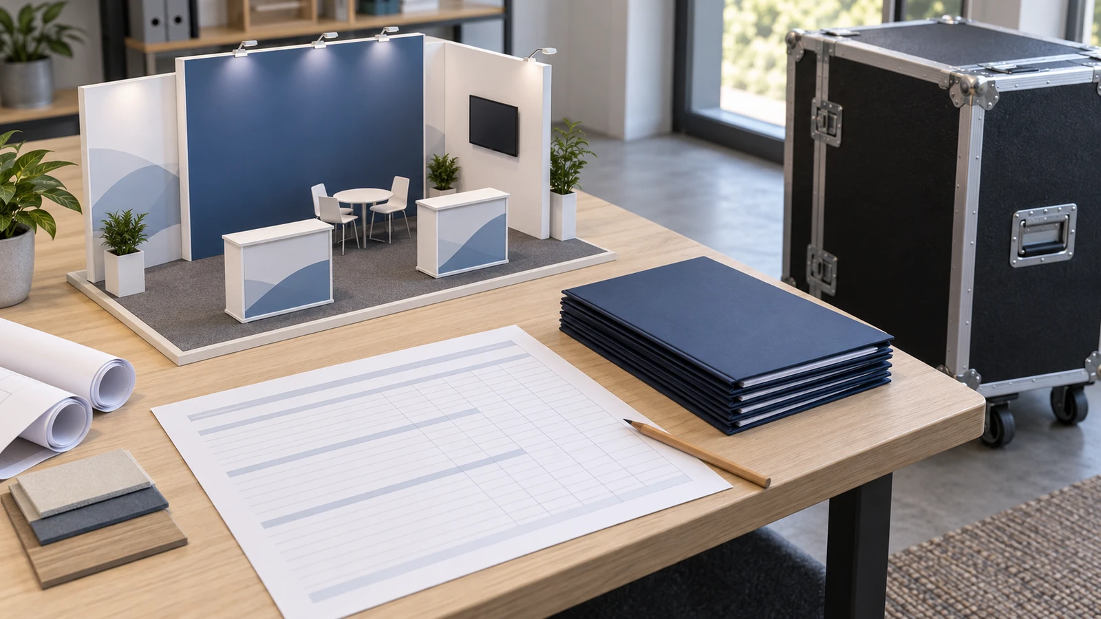 Concept illustration of medical device exhibit budget planning with a booth model, service folders, and freight case