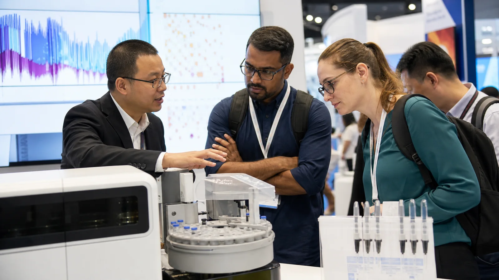 Scientists reviewing analytical data at a pharmaceutical trade show booth