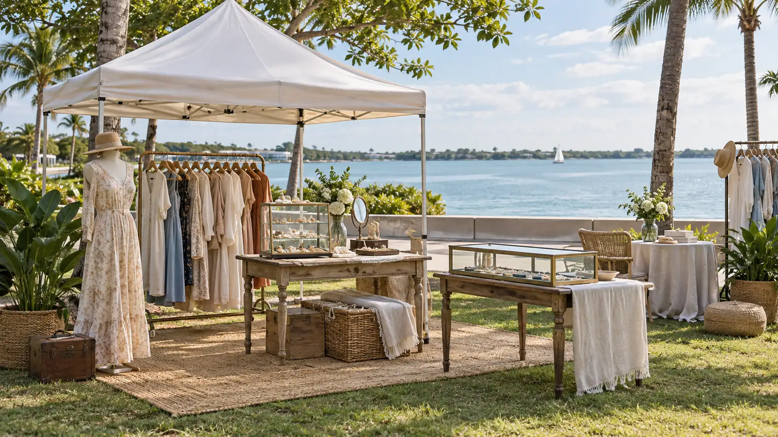 Generic waterfront event setup with portable unbranded vintage-fashion displays