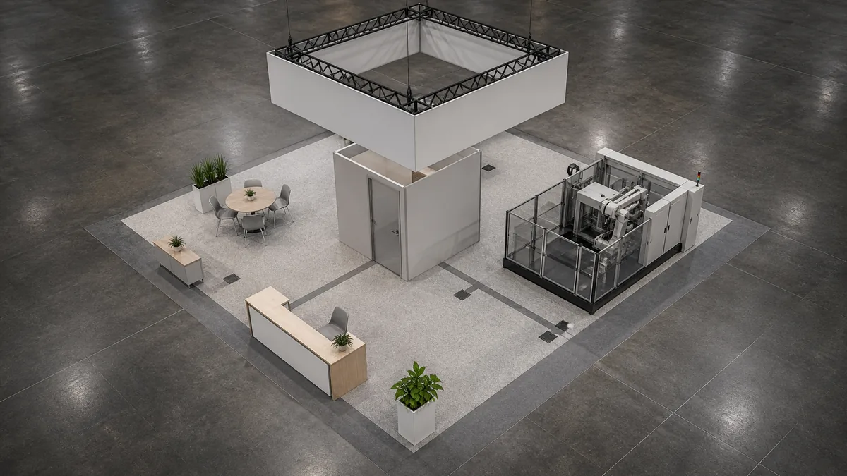 20 by 20 island booth layout with a hanging sign, meeting area, storage, and live demo zone
