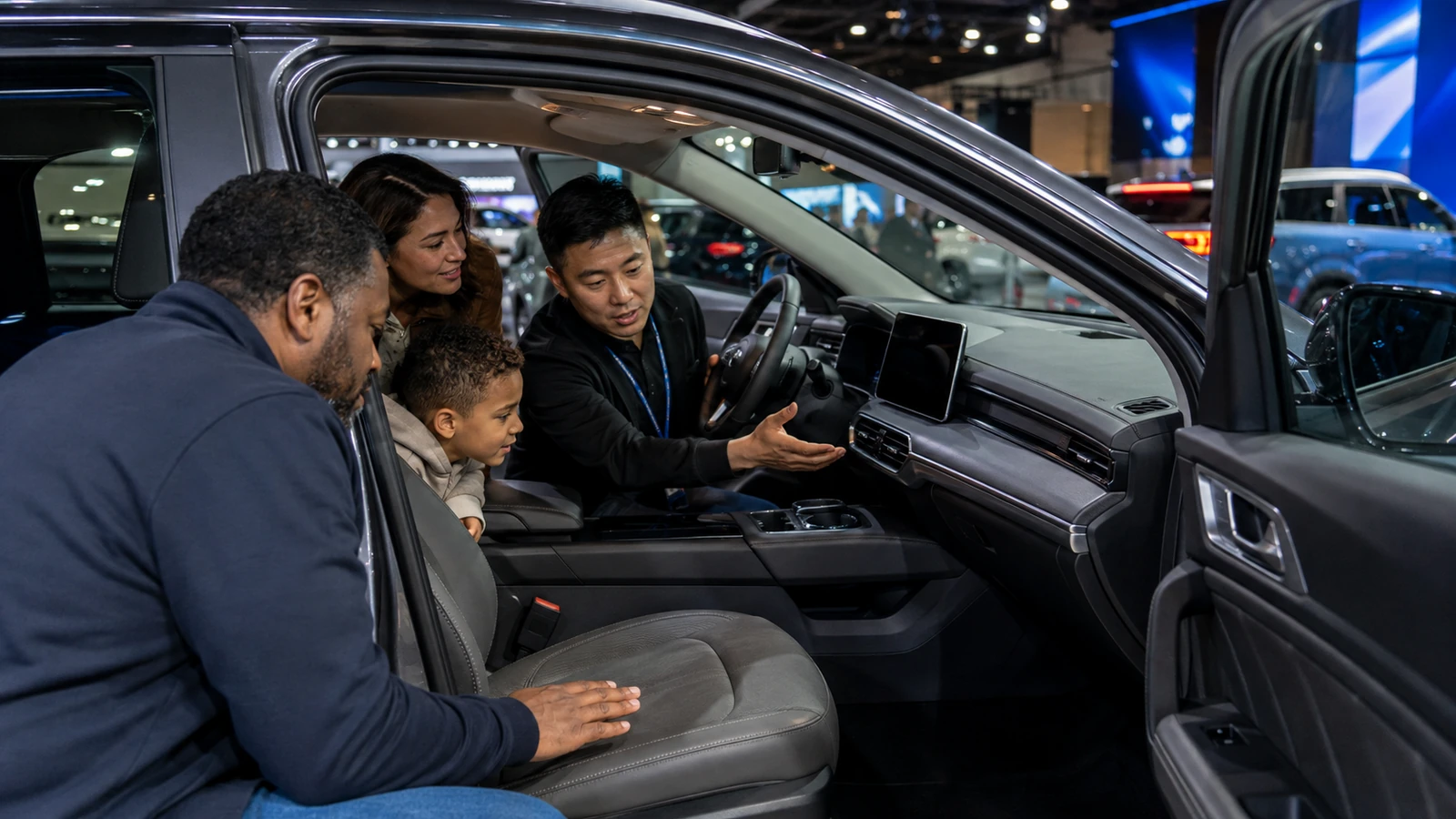 Consumers exploring a vehicle with a product specialist at a public auto show