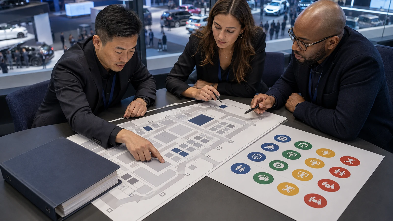Marketing team reviewing an auto show floor plan service manual and activation rules