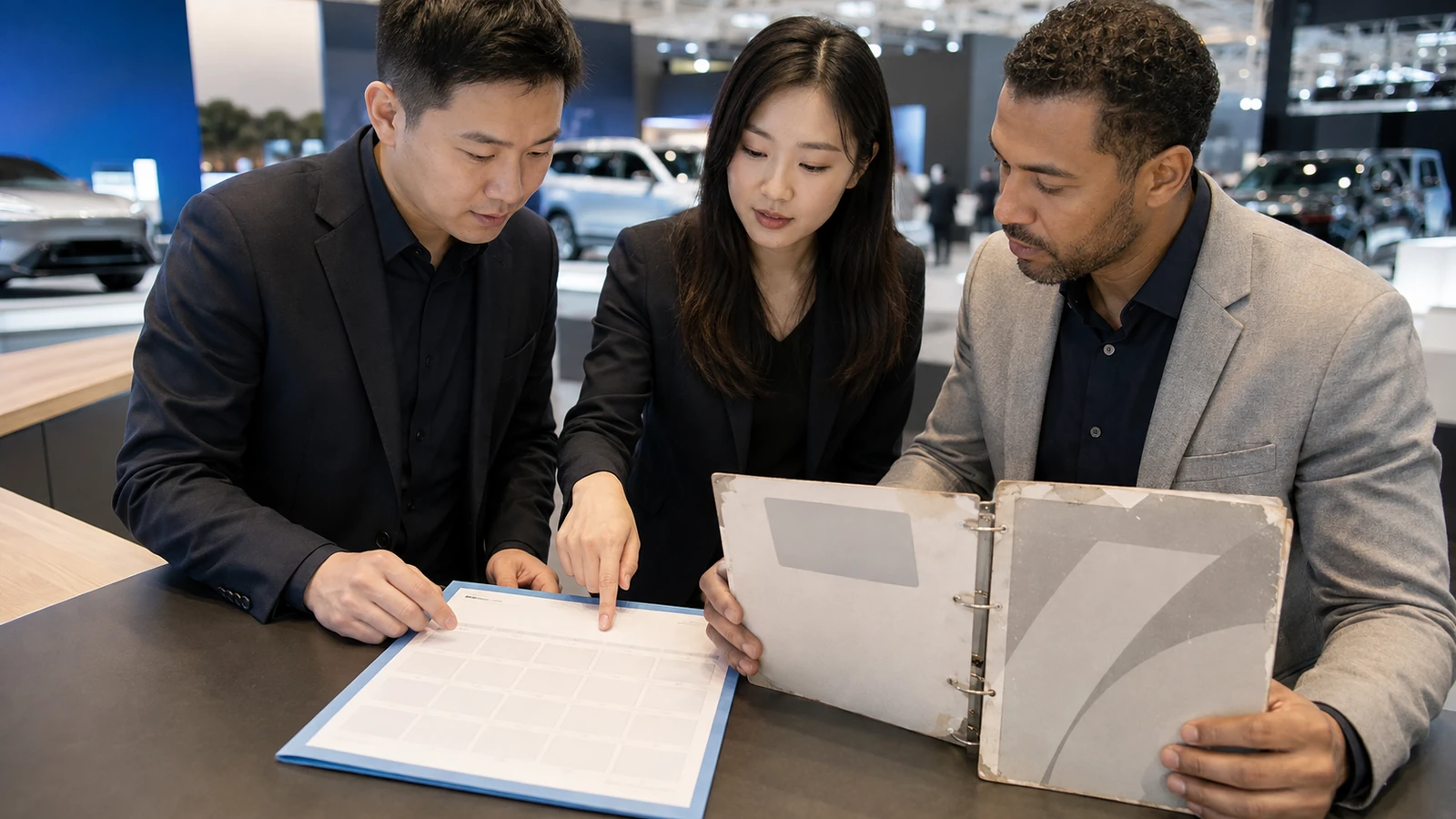 Exhibit team comparing current auto show dates with older exhibitor documents