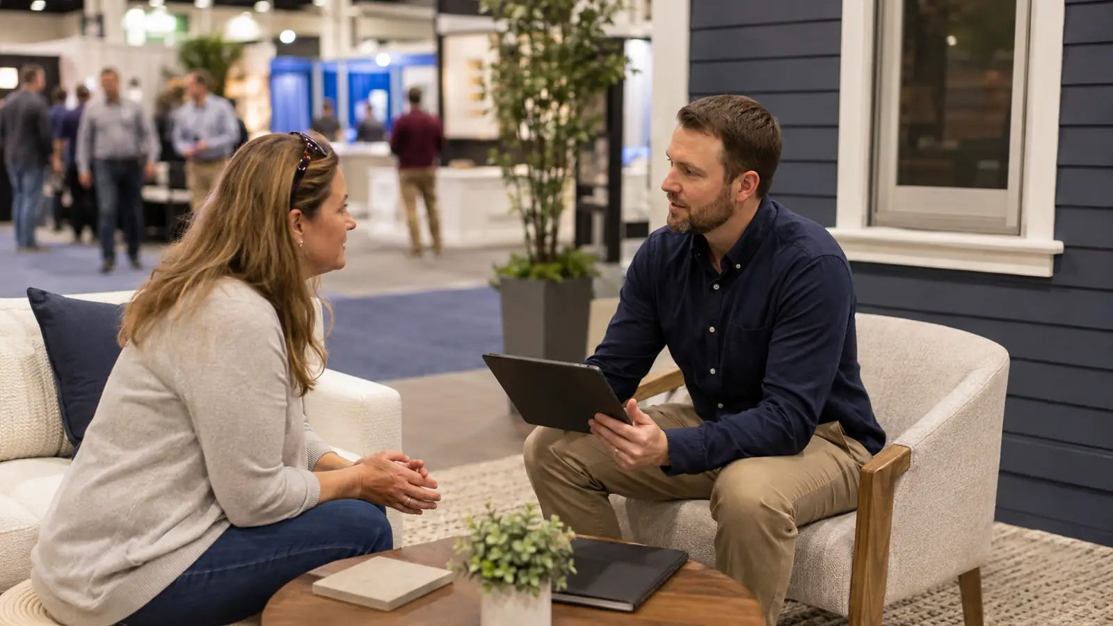 Exhibitor qualifying a homeowner consultation at a home improvement show