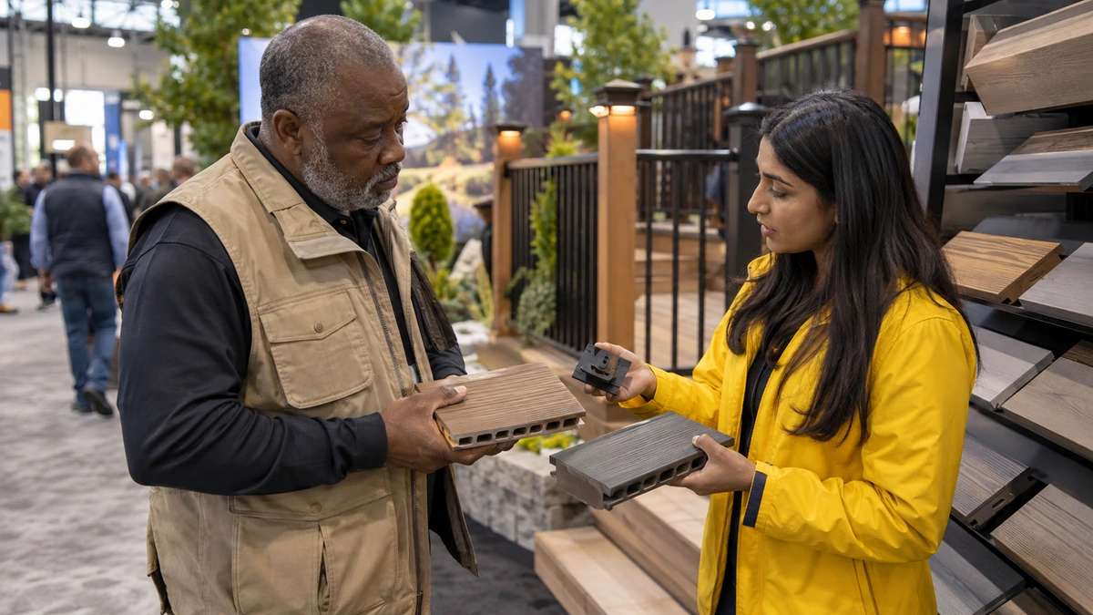 Two attendees comparing deck boards and a connector sample beside a decking display rack.