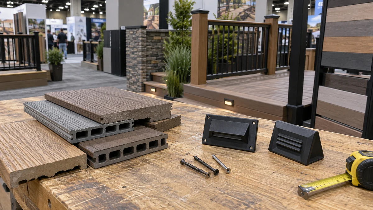 Deck board samples, three screws and two unlit step lights arranged on a workbench
