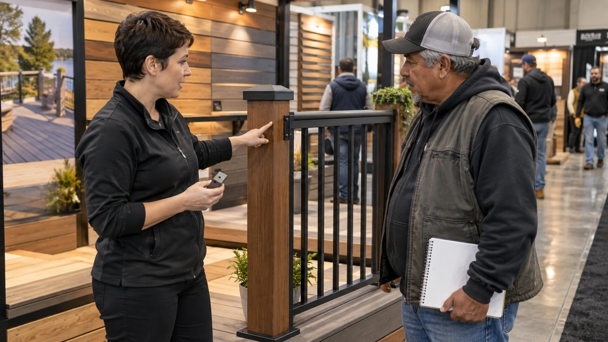 An instructor explaining a full-height railing display to a colleague holding a notebook.
