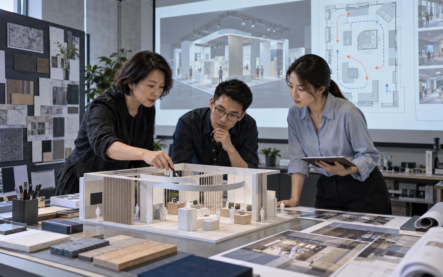 Chinese exhibit design team coordinating a booth model, floor plan and material samples