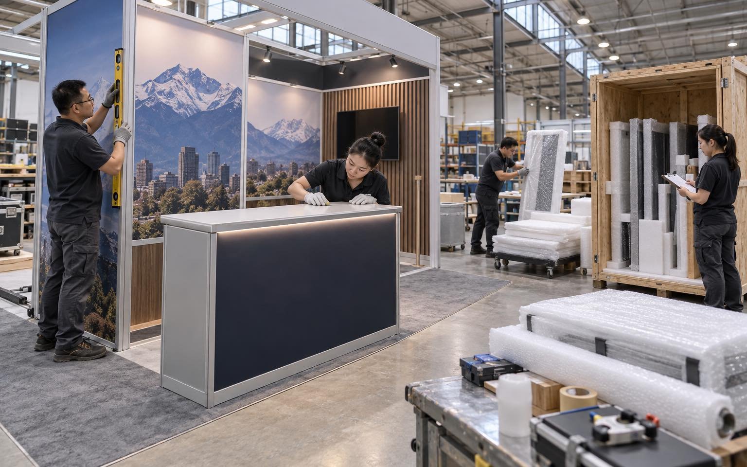 Chinese production team preassembling, inspecting and packing modular exhibit components