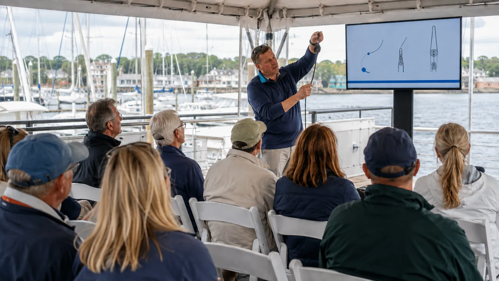 Boating education session for visitors at a waterfront sailboat show