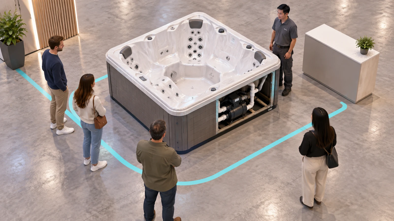 Concept illustration: Isometric demonstration concept with a dry spa shell, technician position, clear visitor path and service access