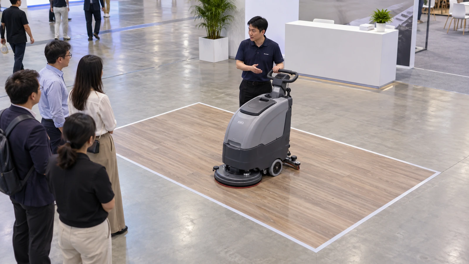 Concept illustration of a floor scrubber on a marked sample surface with a presenter and observers nearby