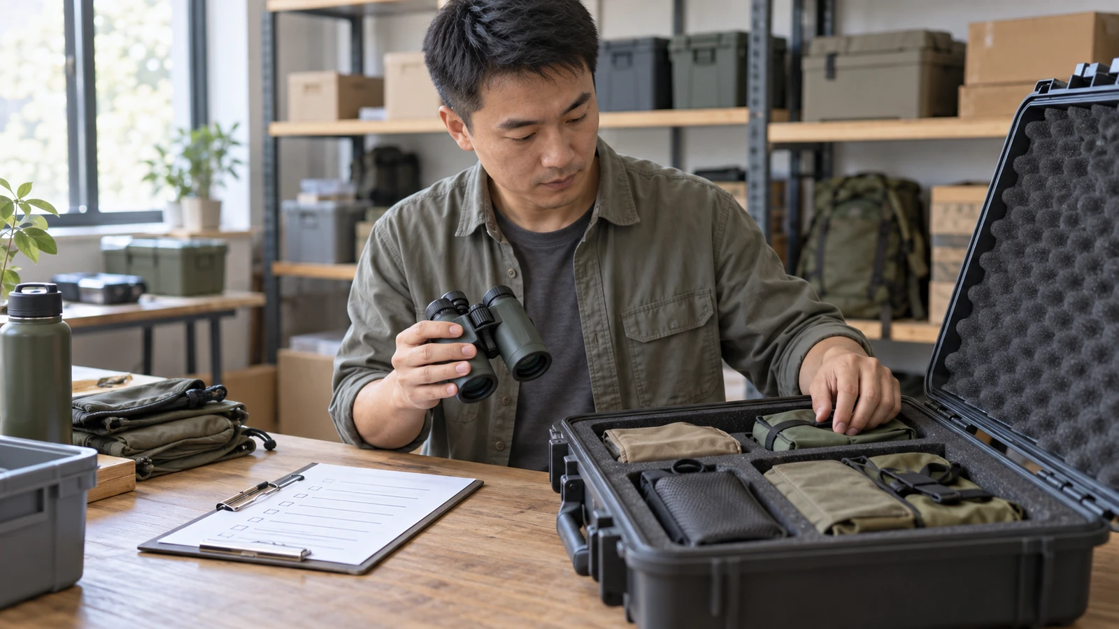 Concept illustration of an adult checking binoculars beside a clipboard and an open case with outdoor accessories