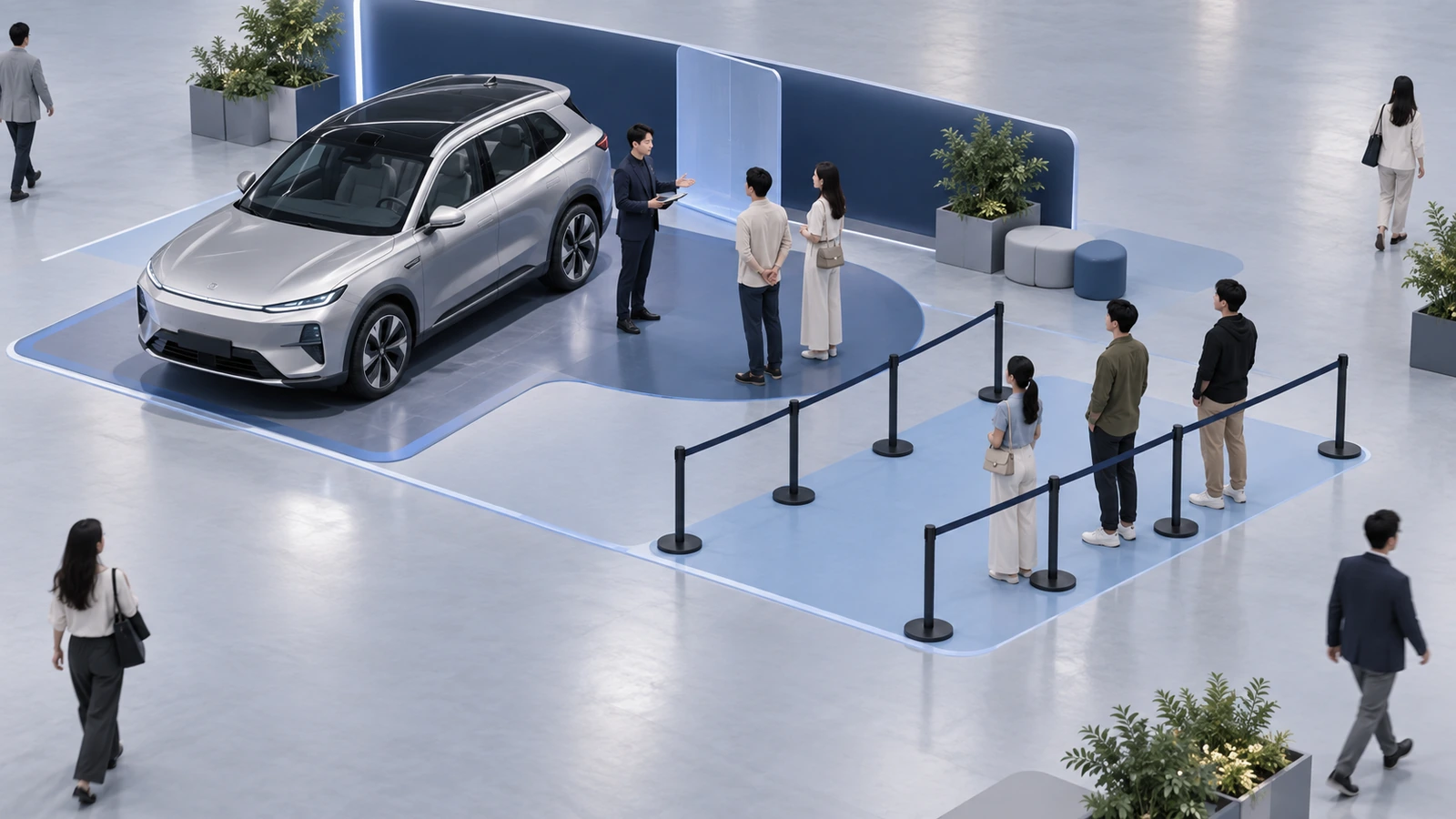 Concept illustration: Isometric vehicle activation showing car, defined queue and demonstration viewing zone, no test-drive operation