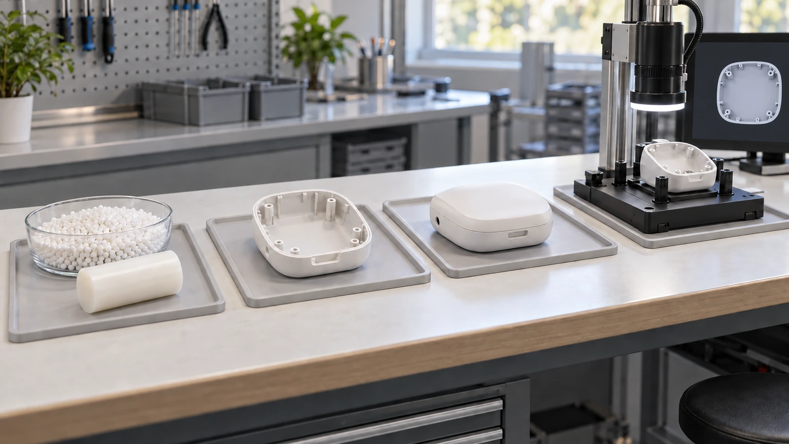 Concept illustration: Development workflow concept: raw stock, molded housing, assembled nonclinical sample and inspection station arranged clearly left to right