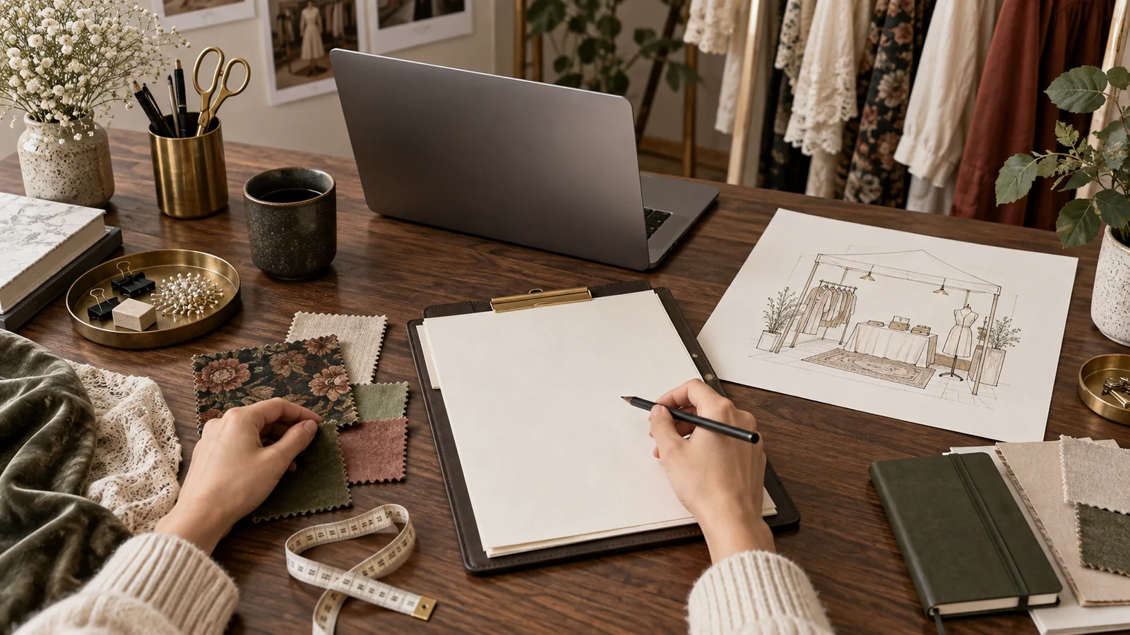 Exhibitor planning table with blank application papers, measuring tape, and booth sketch