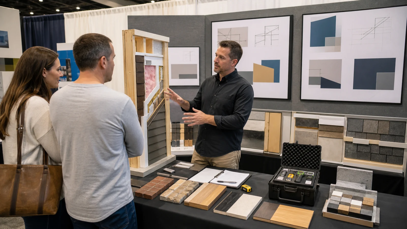 Renovation booth using physical samples and abstract diagrams to demonstrate process credibility.
