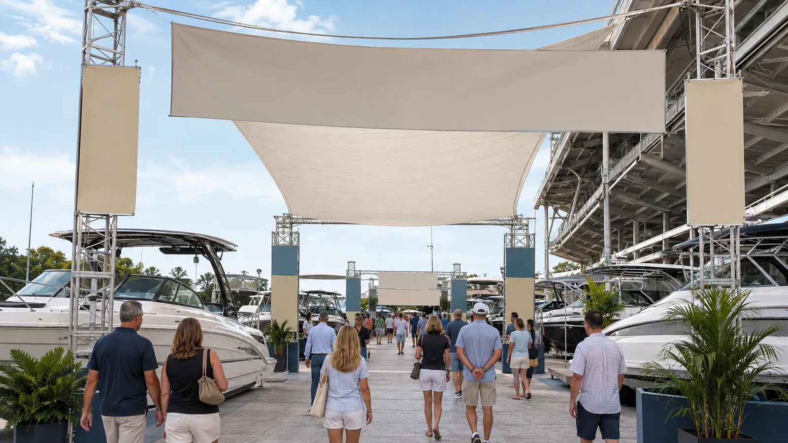 Unbranded high-visibility sponsorship placement concept at an outdoor marine marketplace.