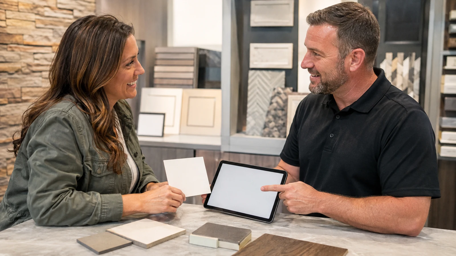 Homeowner and exhibitor agreeing on an appointment or estimate as a clear next step.