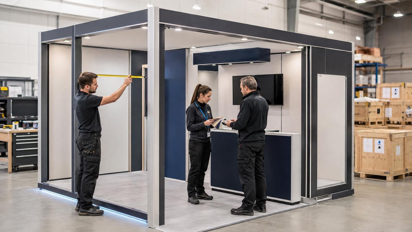 Modular exhibition booth pre-build inspection before shipping