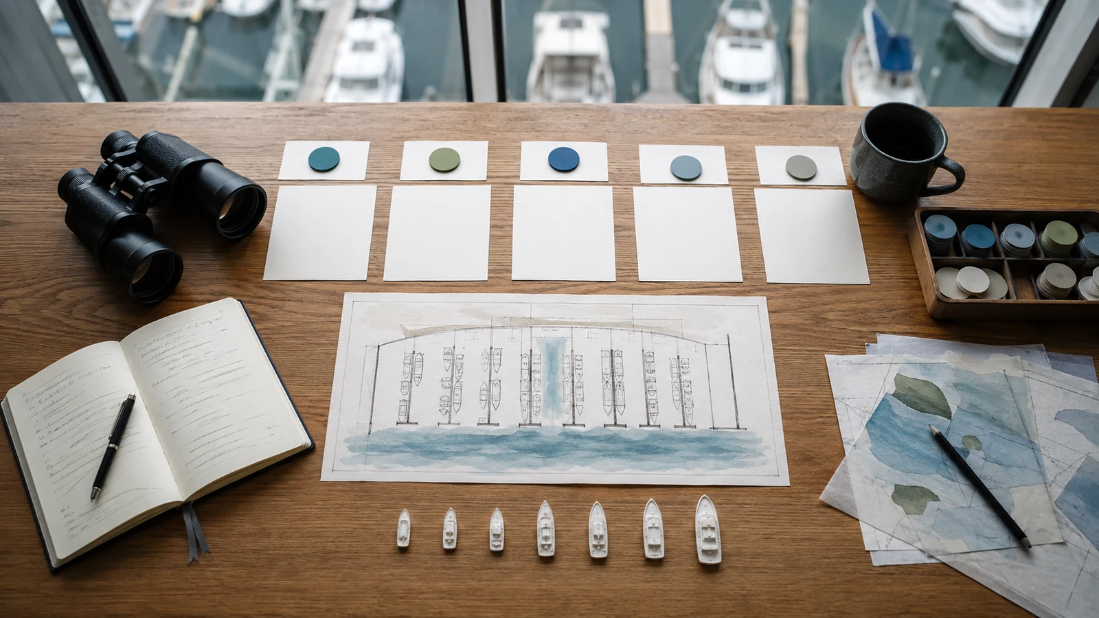 Generic marina-side planning desk representing competitive directory and market observation.