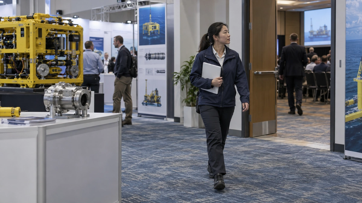 A woman walks toward a conference room beside an unbranded equipment display counter.