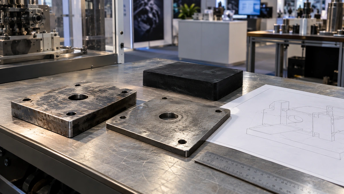 Steel sample plates, a rubber pad, a ruler and a simple outline sheet on a meeting table.