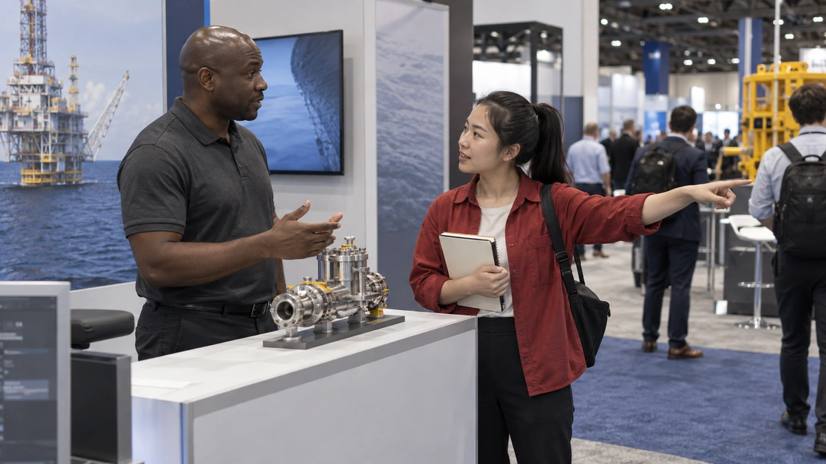 Two colleagues beside an exhibit counter, one holding a notebook near the aisle.