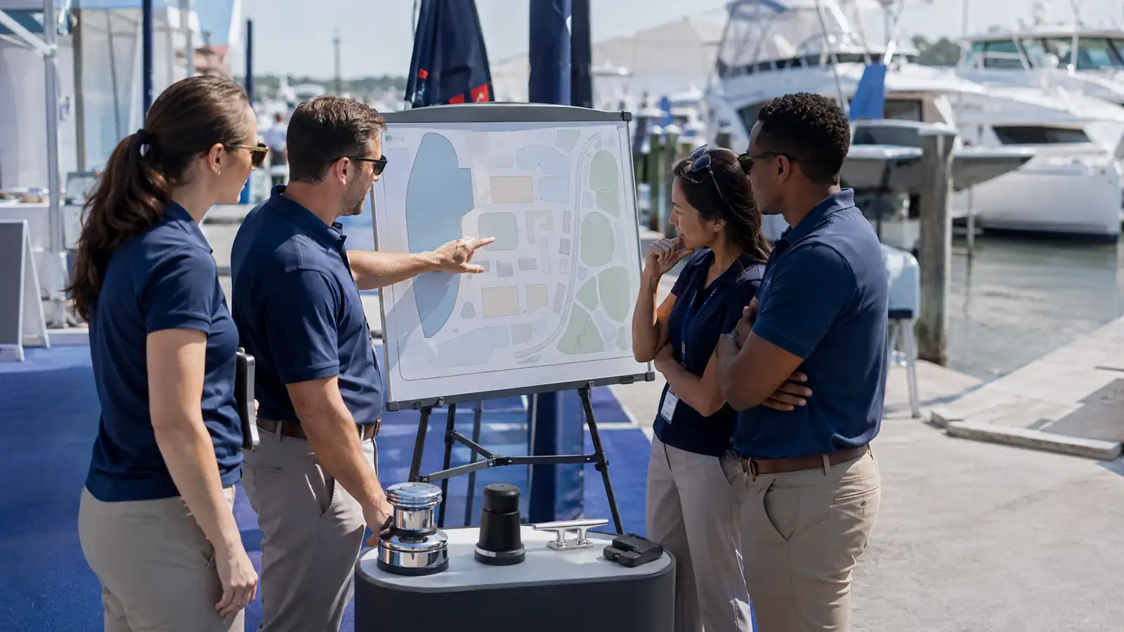 Marine brand team planning a waterfront exhibit around a current show map