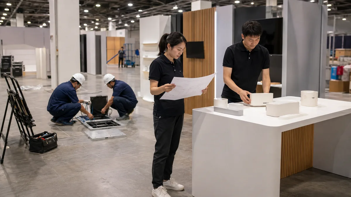 Exhibitor staff setting lightweight display items while authorized technicians handle booth electrical work