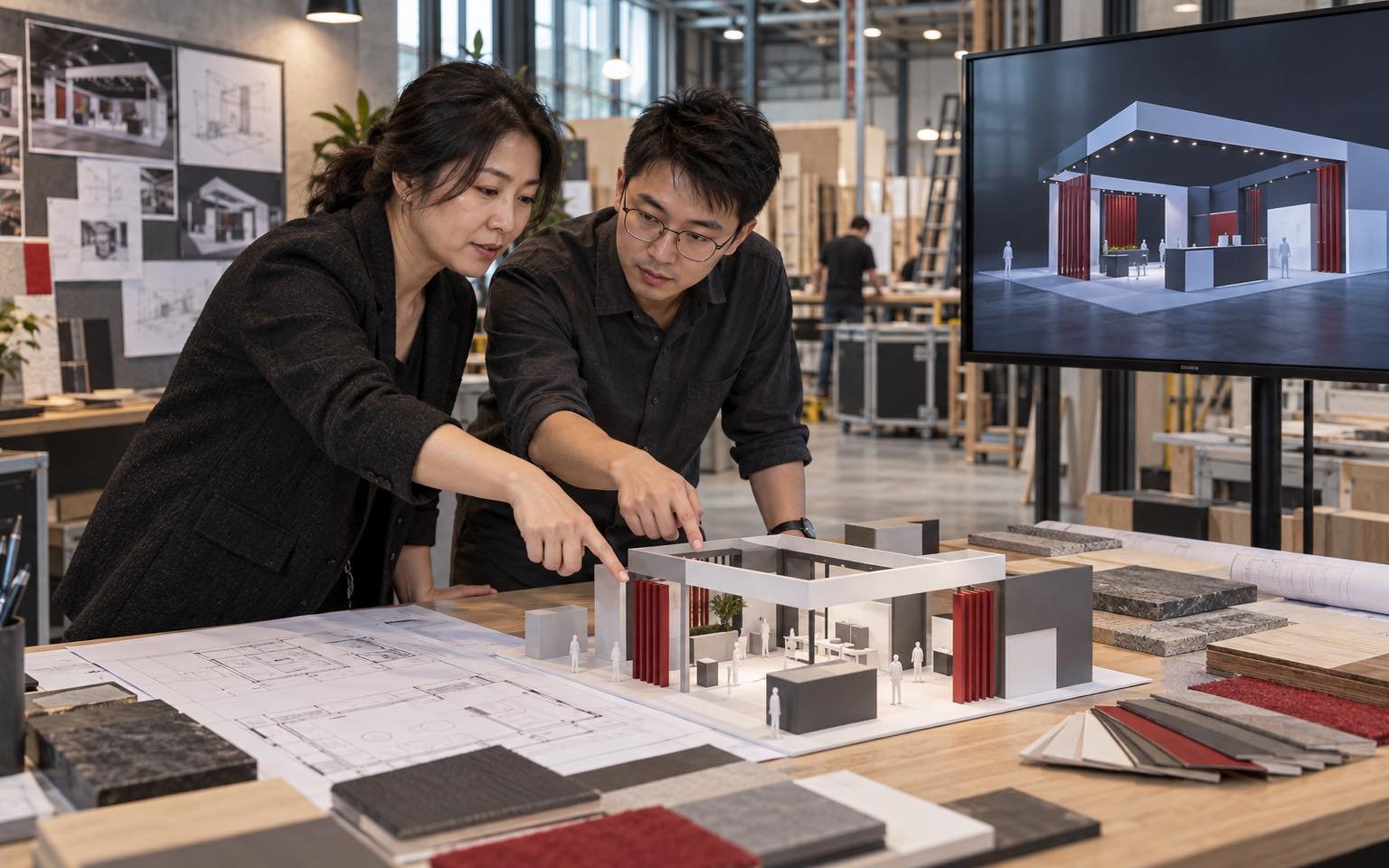 Chinese exhibit design team coordinating a buildable booth concept and material plan