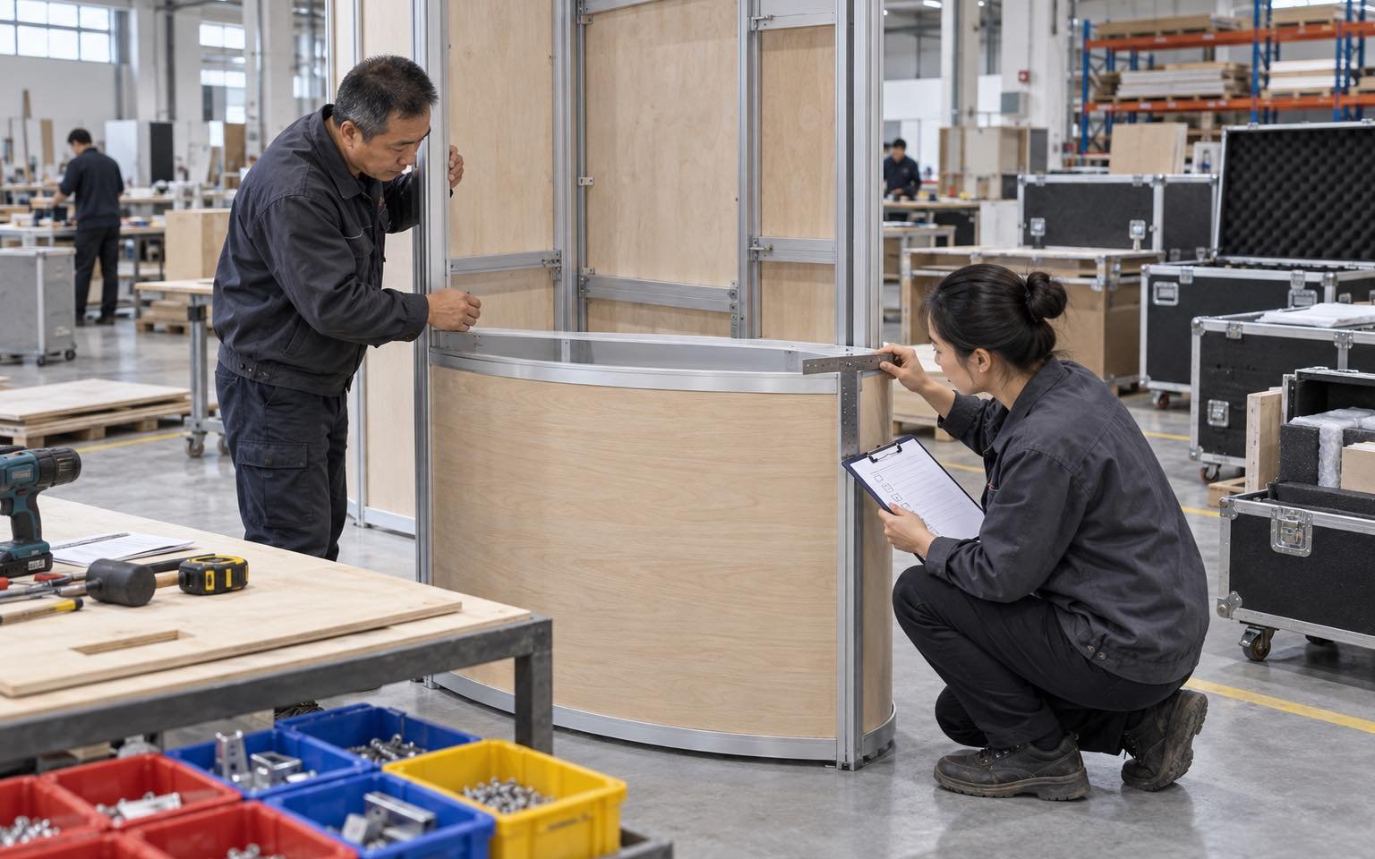 Chinese production team checking preassembled booth components before packing