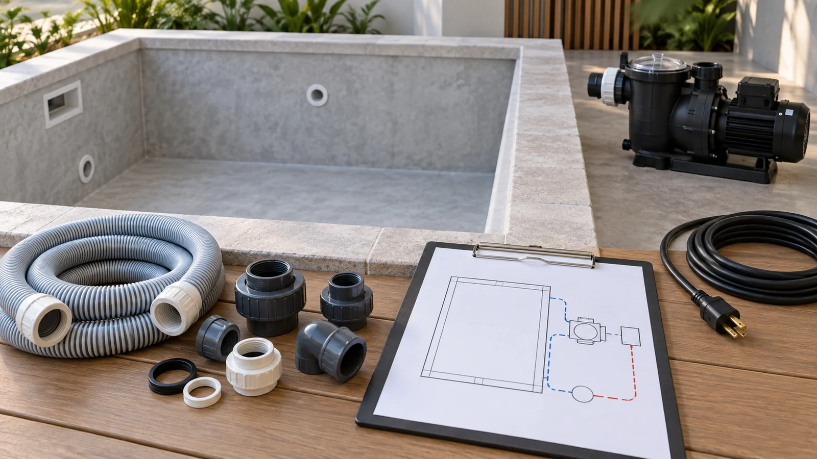 Concept illustration: Separated unpowered utility connections, empty dry basin and organized service plan for pool equipment exhibit