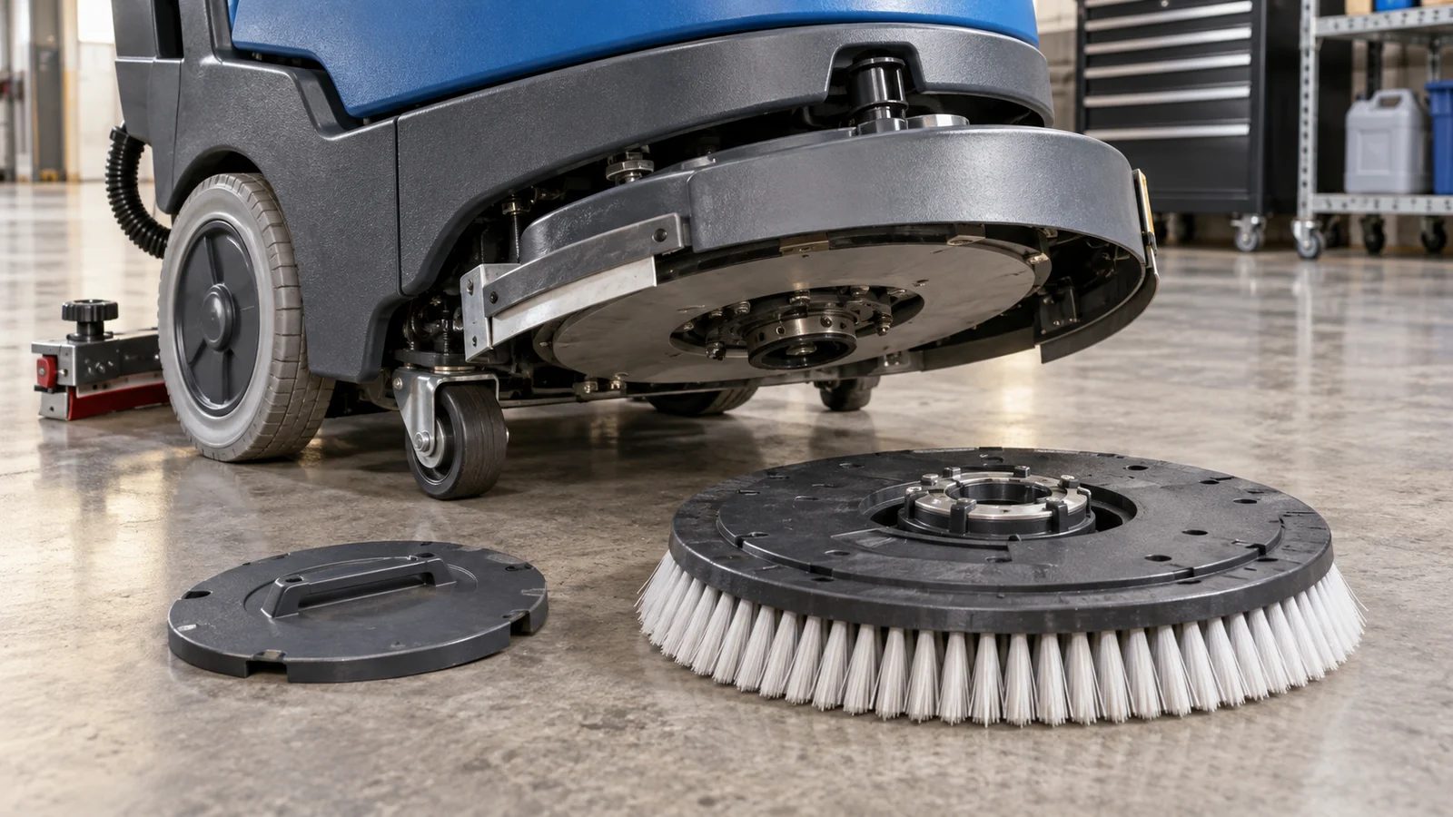 Concept illustration: Close up of service access and replaceable brush assembly on generic commercial floor cleaning machine