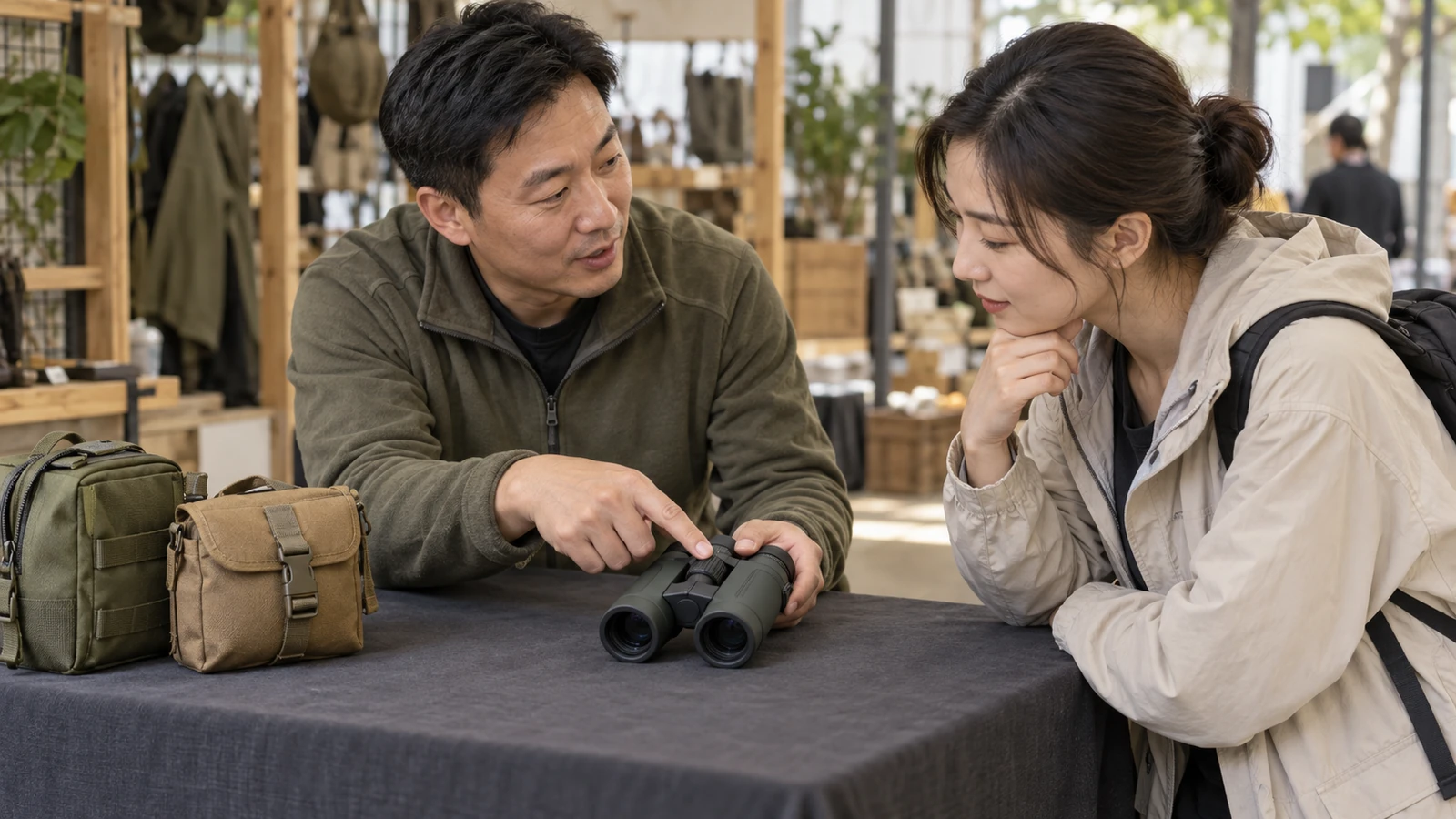 Concept illustration of two Chinese adults discussing binocular features across a simple vendor table