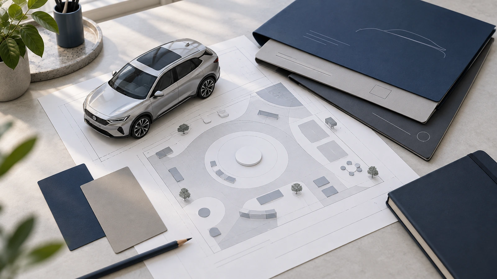 Concept illustration: Vehicle exhibit project planning still life: vehicle scale model, generic floor plan and service documentation with no legible claims