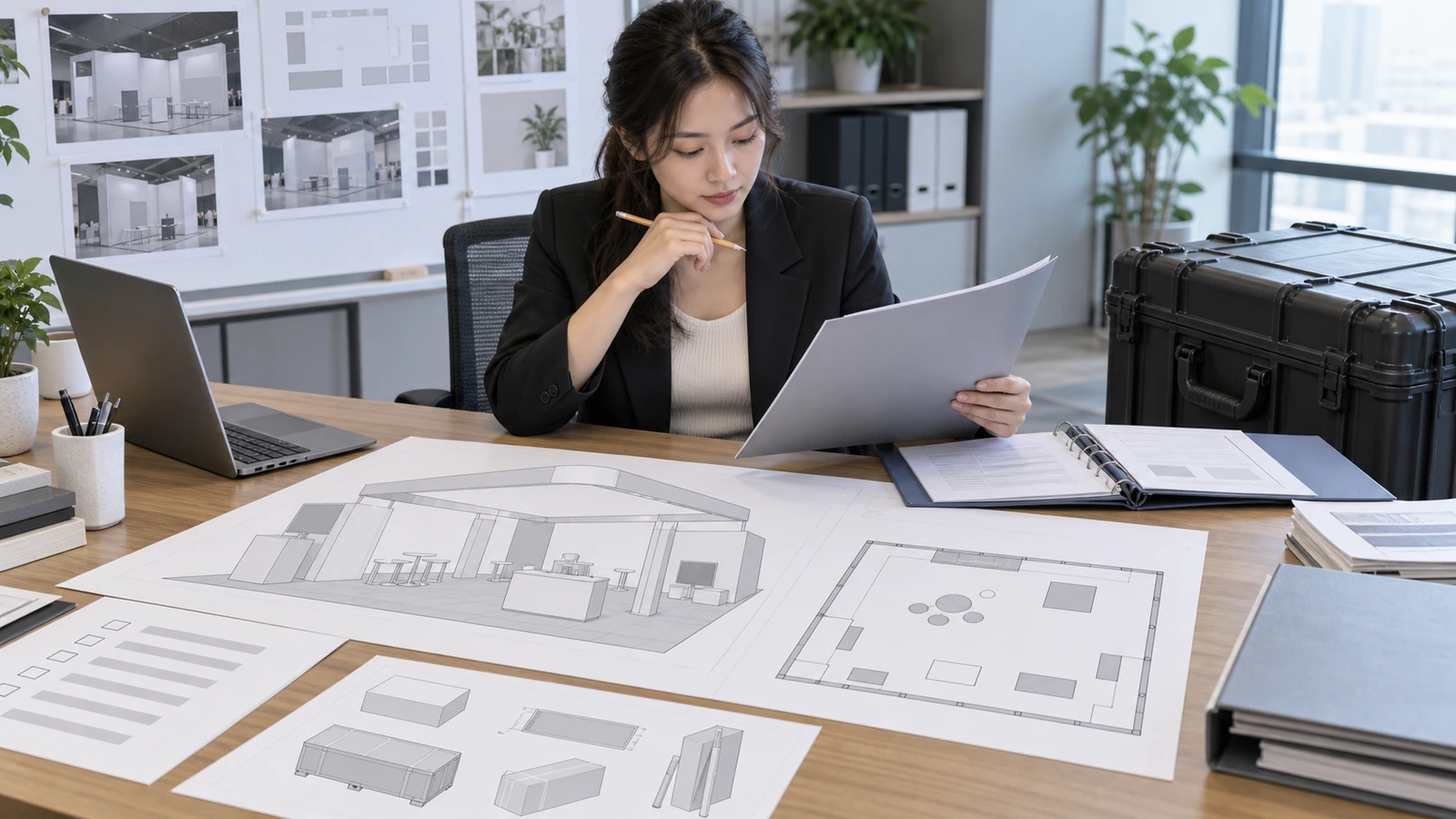 Concept illustration of an adult reviewing a laptop and printed exhibit layouts beside equipment cases