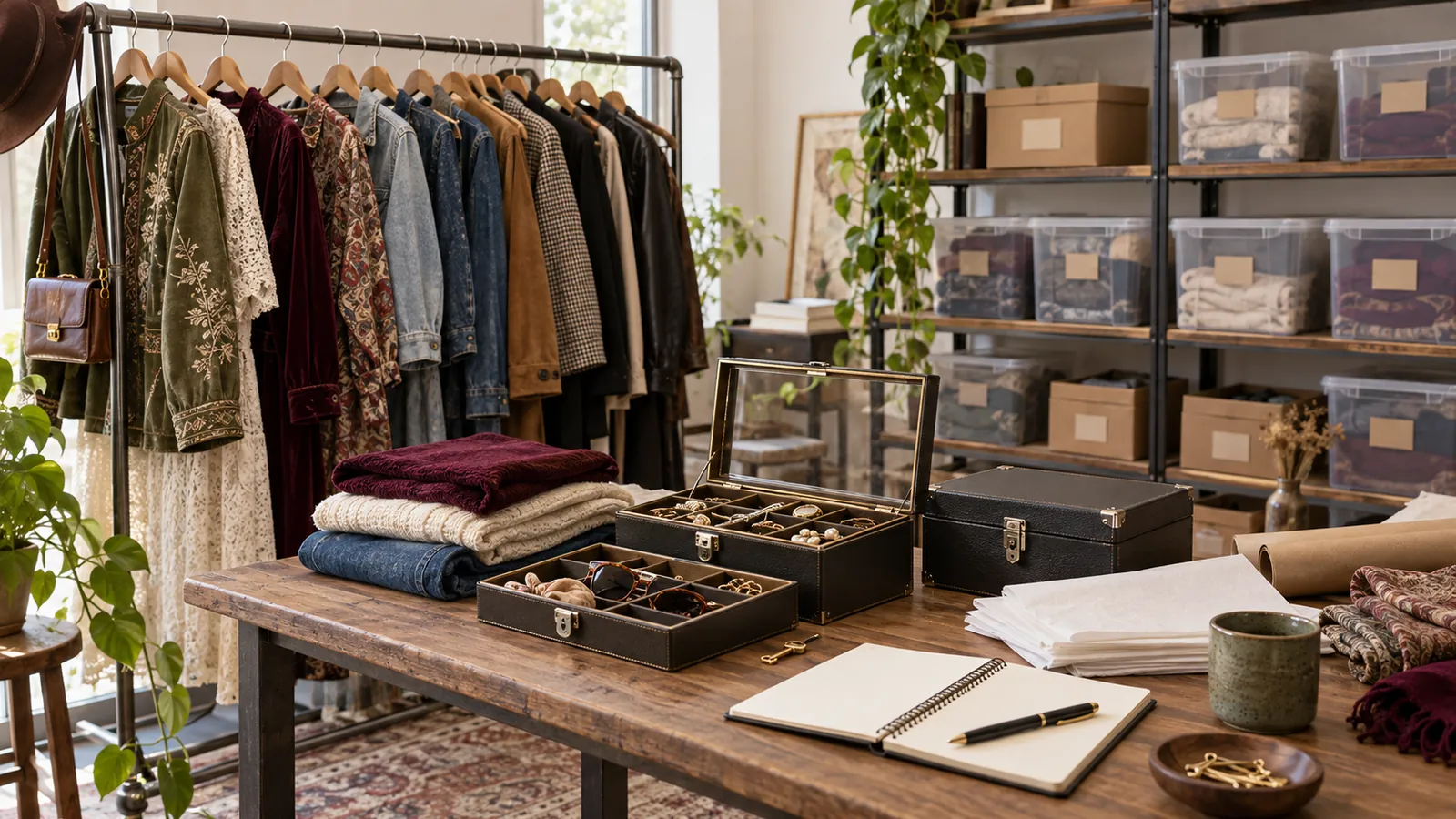 Vintage inventory planning scene with garment rail, stock bins, and accessory cases