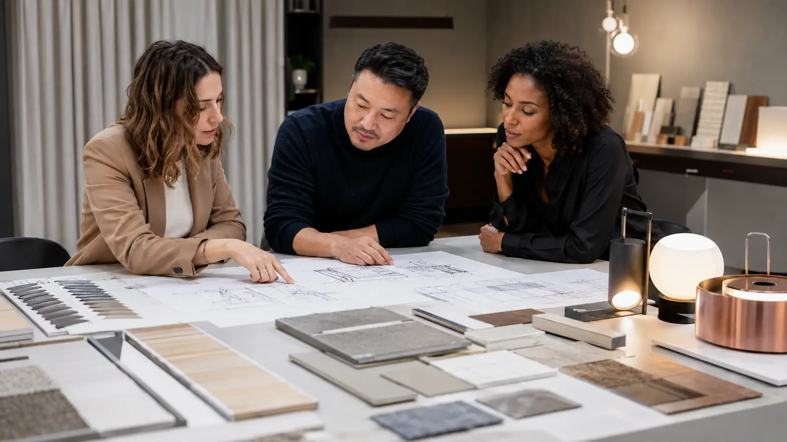 Exhibit team preparing a booth brief with samples and layout plans