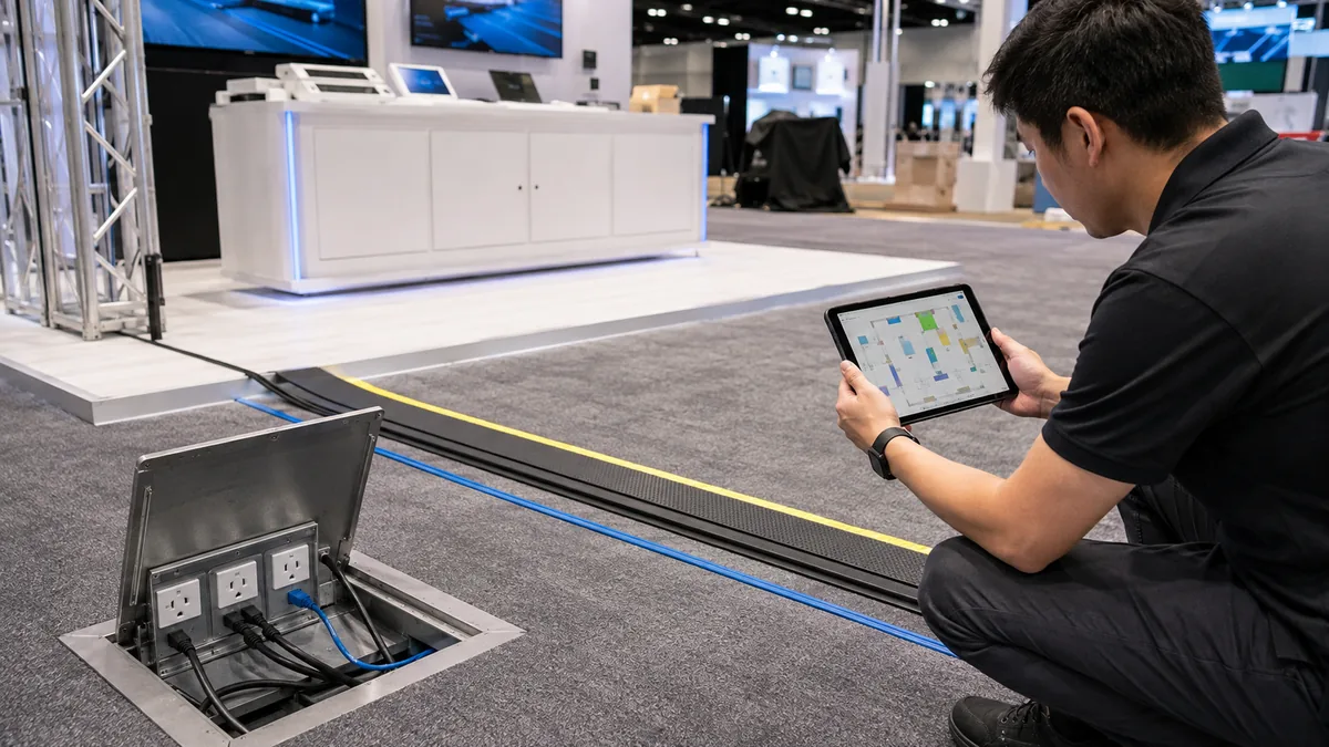 Technician coordinating booth electrical outlets, internet connections, and equipment locations
