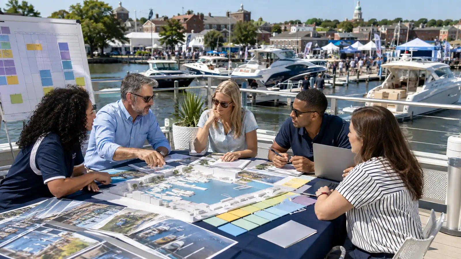 Waterfront boat show planning scene for a future event edition