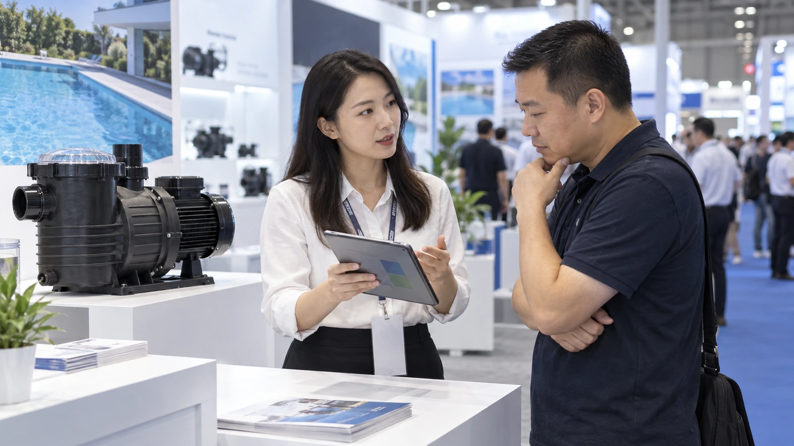 Concept illustration: Chinese trade booth staff completing a product follow-up conversation with a tablet and pump display