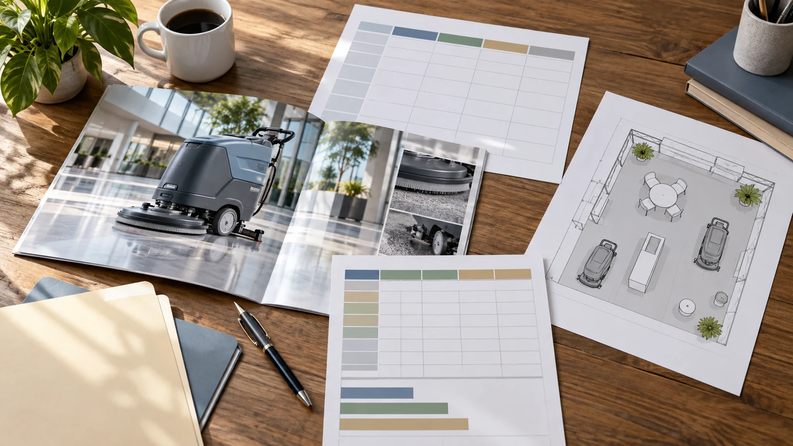 Concept illustration: Exhibit versus attend decision planning still life: cleaning machine brochure without legible text, schedule blocks, budget worksheet and simple booth plan