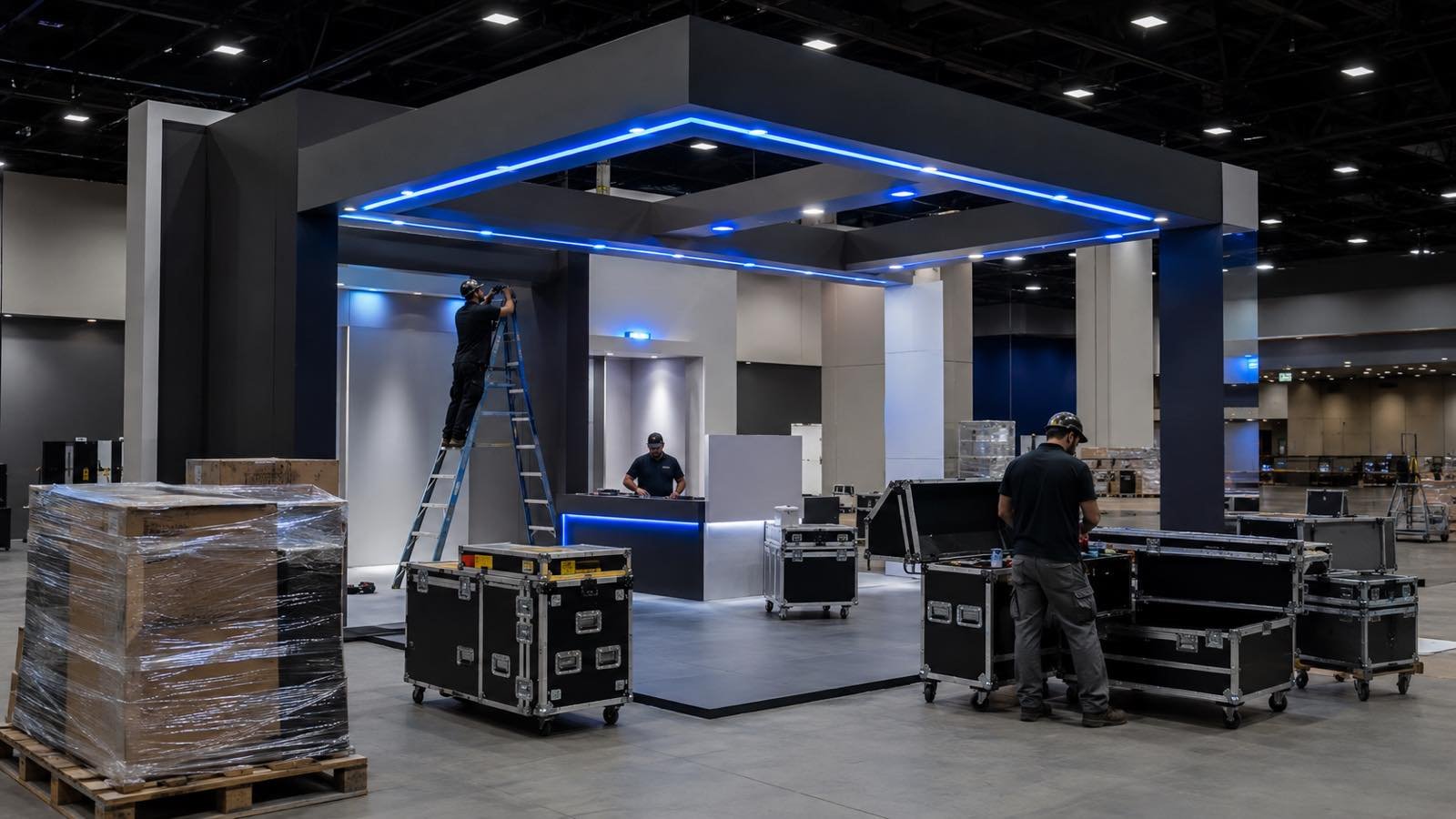 Las Vegas exhibition booth installation and systems testing before opening