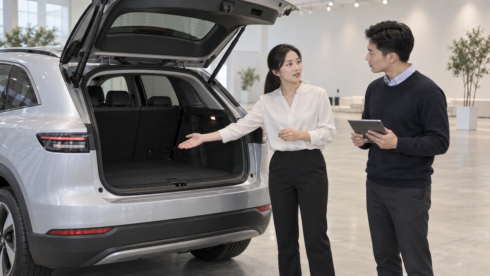 Concept illustration: Staff rehearsing a vehicle explanation beside a display car and a follow-up tablet.