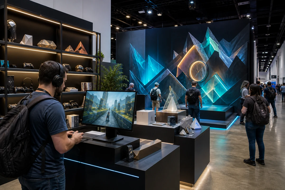 Pop culture convention exhibit with gaming demos electronics and collectibles