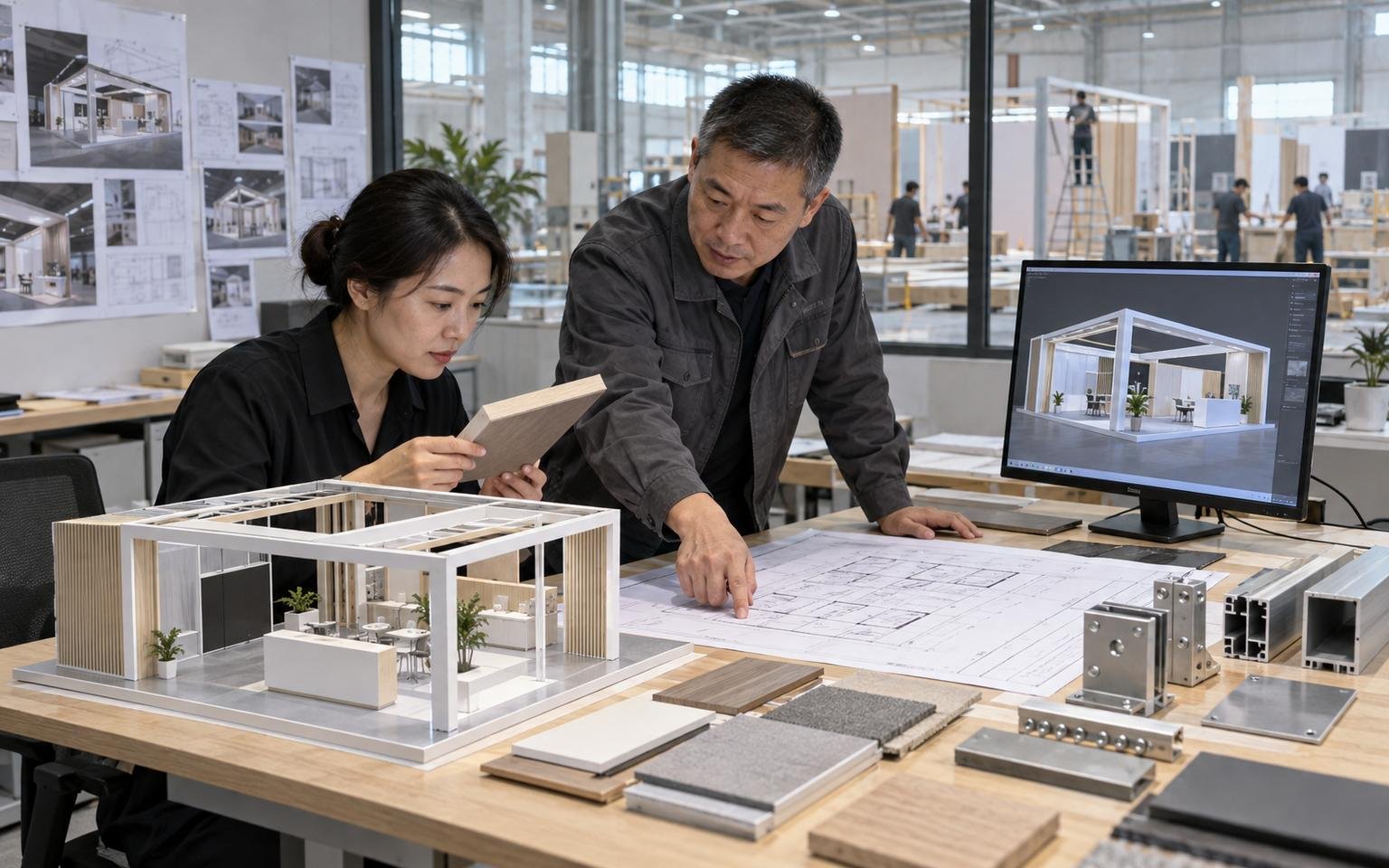 Chinese exhibit designer and production engineer matching a Portland booth model to approved plans and finishes