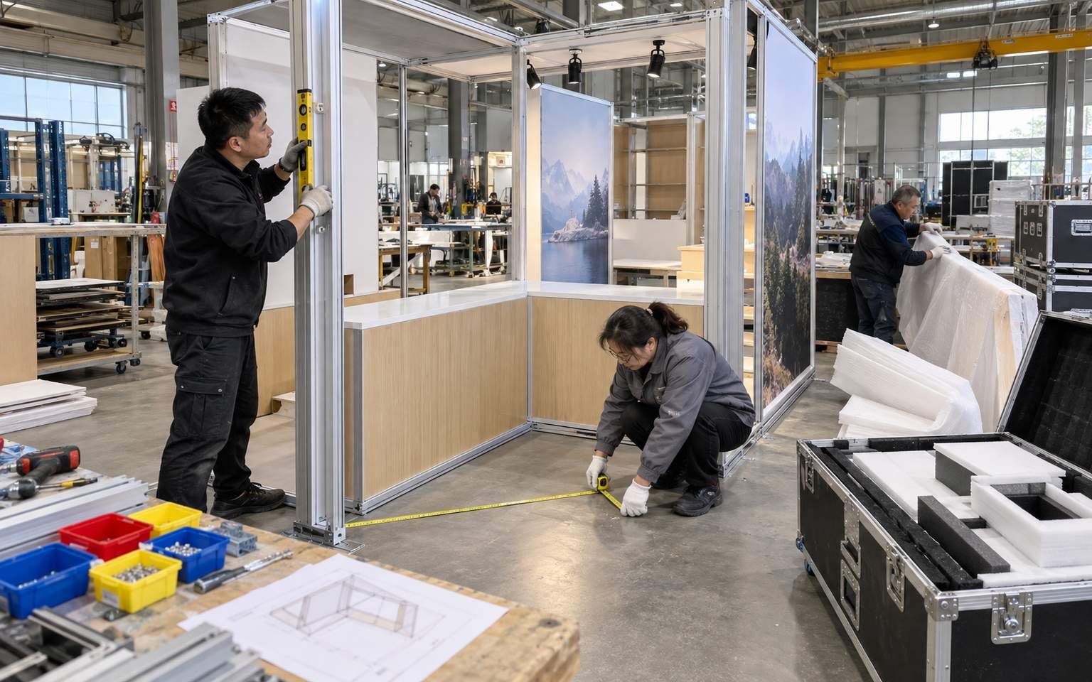 Chinese production team preassembling, checking and packing an open-sided Portland booth