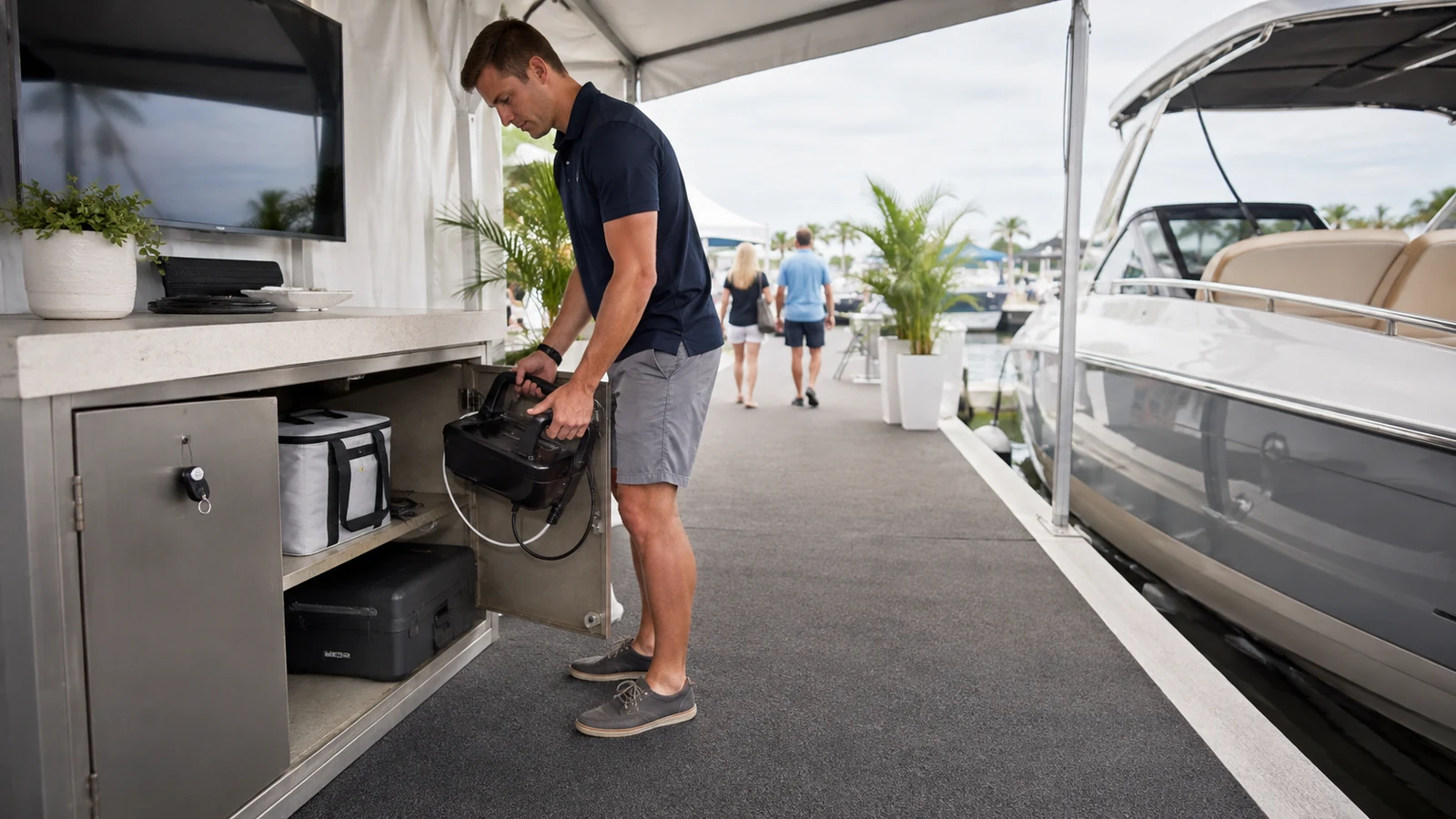 Product security and accessible visitor circulation planned around an outdoor marine exhibit.