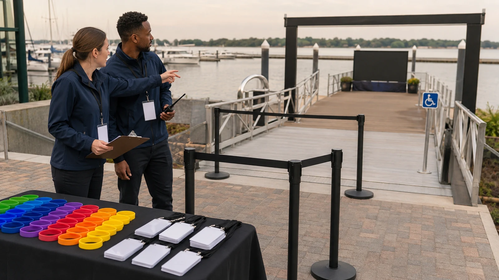 Staff planning blank credentials and accessible guest flow for a waterfront exhibit.